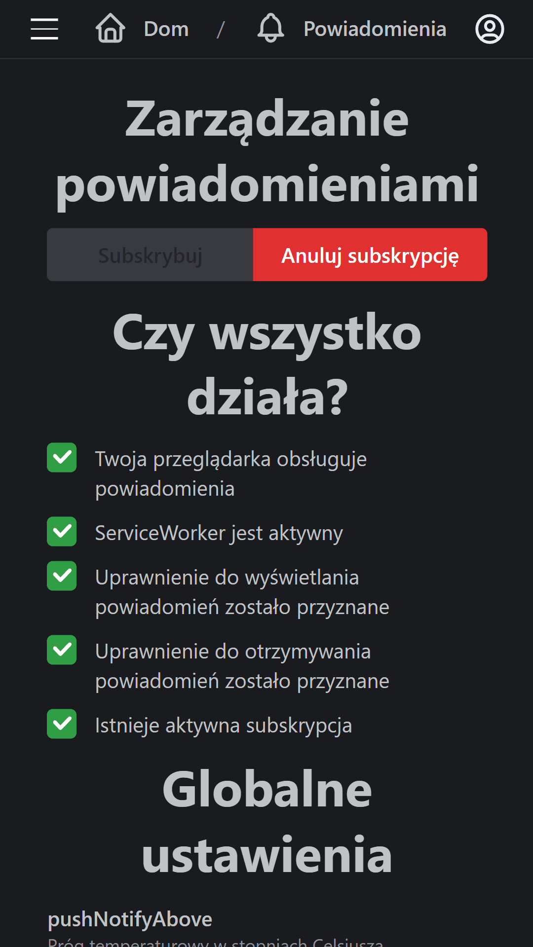 screenshot showing the ability to subscribe to push notifications