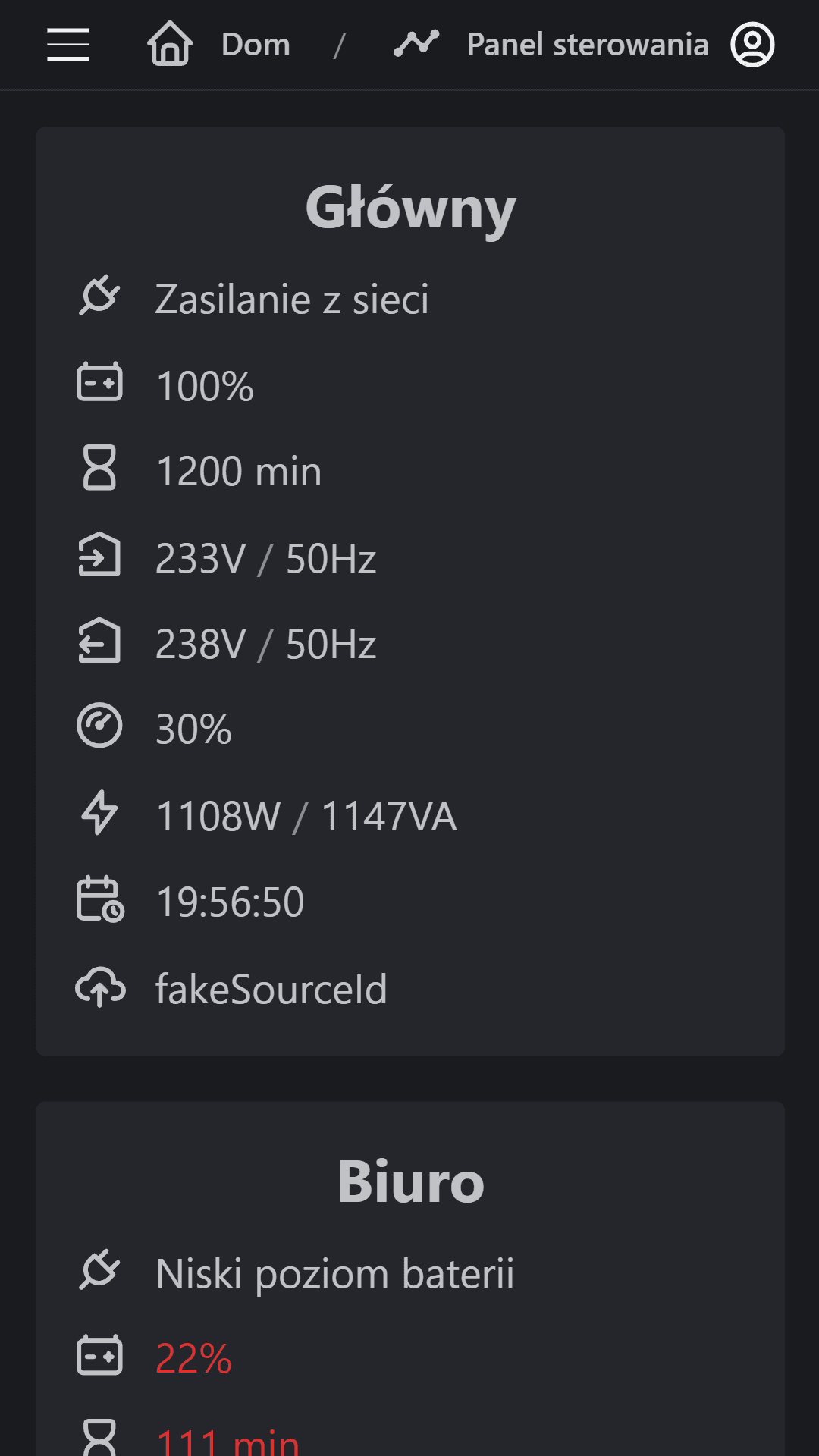 screenshot of a control panel with UPS monitoring on a phone