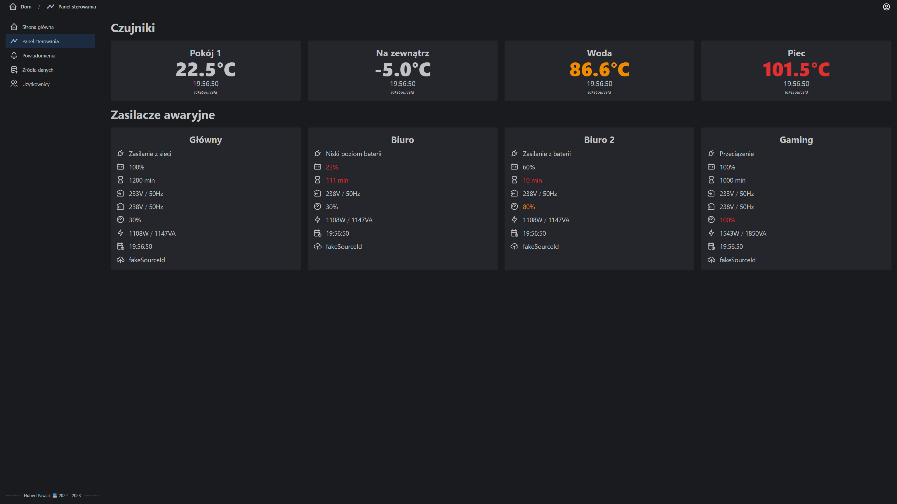 screenshot of a control panel with temperature sensors
