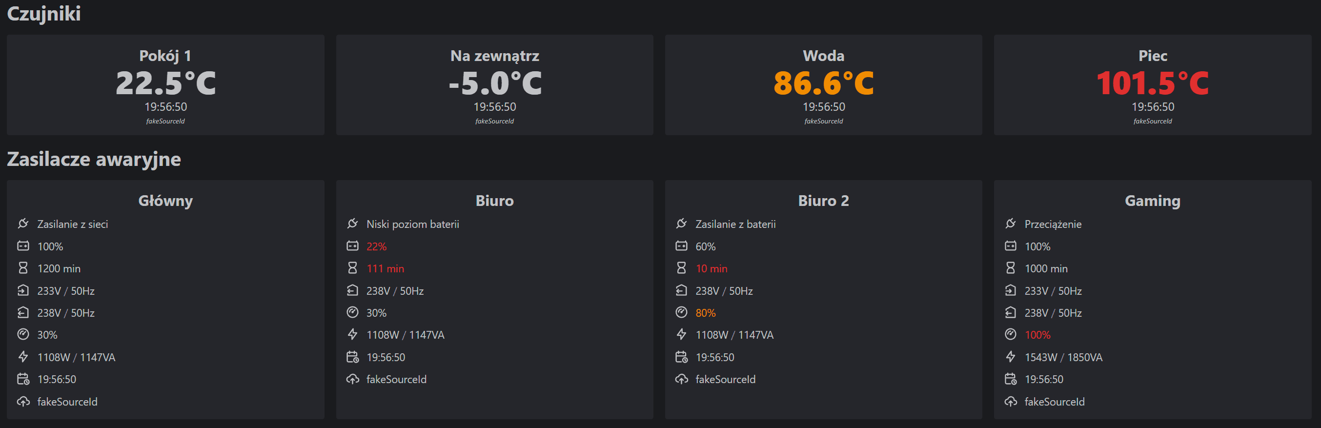 screenshot of a control panel with temperature sensors