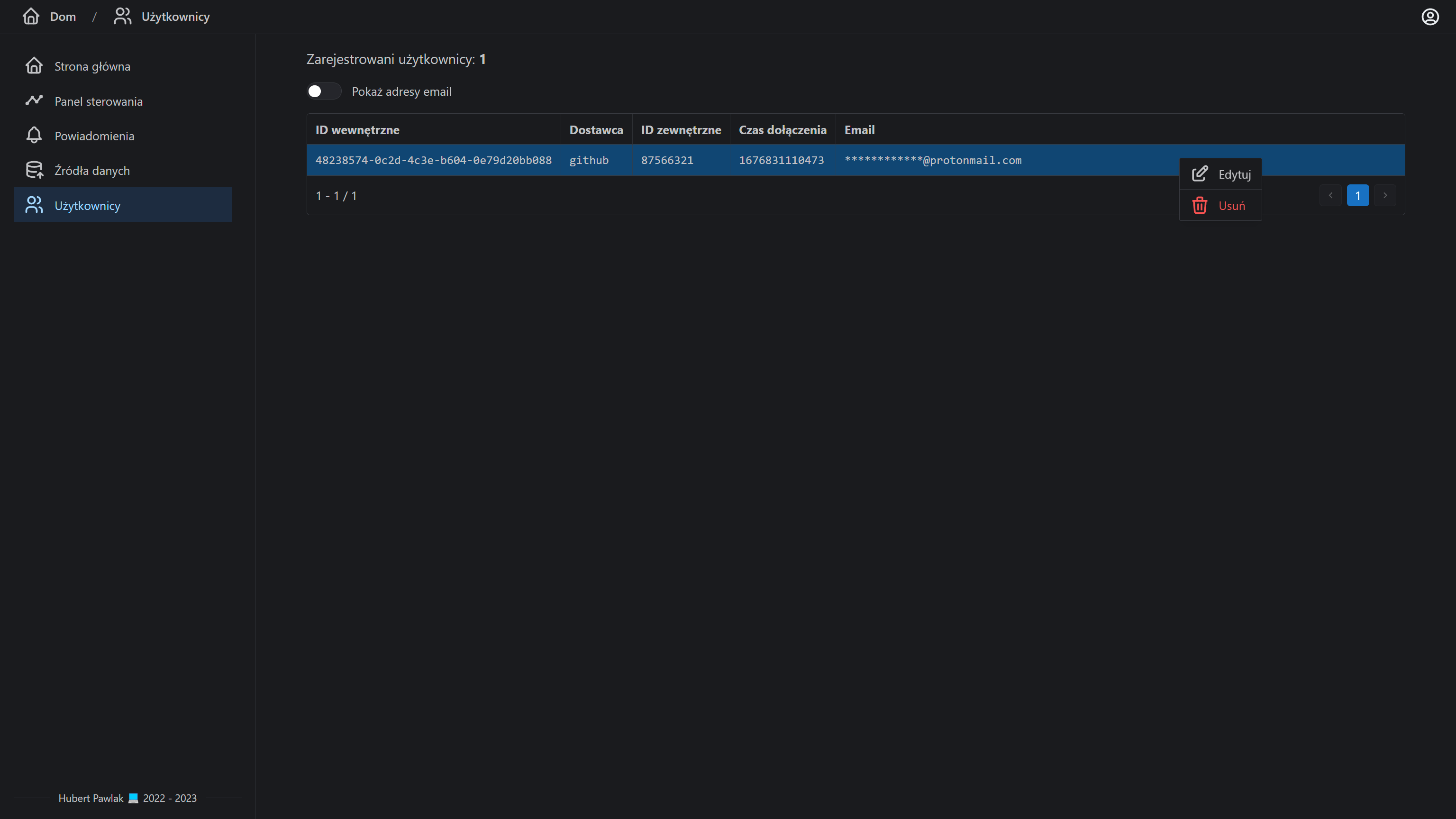 screenshot of an admin panel to manage users